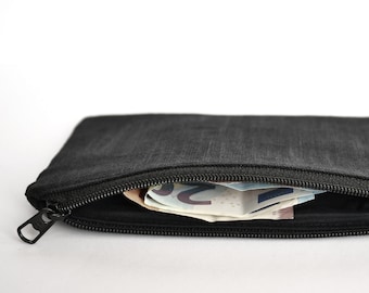 small zipper pouch black linen, zero waste vegan coin purse, eco friendly minimalist credit card holder, upcycled cotton lining, sustainable