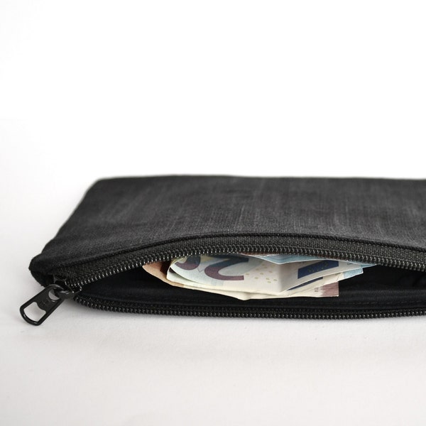 small zipper pouch black linen, zero waste vegan coin purse, eco friendly minimalist credit card holder, upcycled cotton lining, sustainable