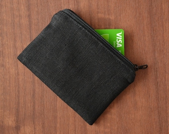 man wallet simple, minimalist credit card holder, compact slim zipper pouch, tiny eco friendly linen coin purse, zero waste vegan change bag