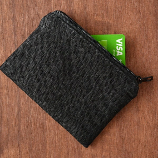 man wallet simple, minimalist credit card holder, compact slim zipper pouch, tiny eco friendly linen coin purse, zero waste vegan change bag