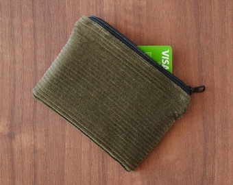 recycled corduroy credit card holder, tiny moss green zipper pouch, eco-friendly zero waste vegan coin purse, small sustainable change bag