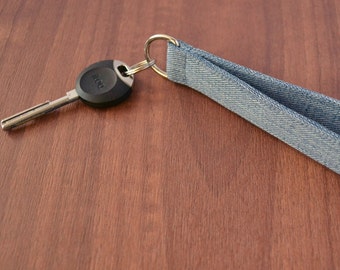 upcycled blue denim keychain wrist strap, eco-friendly key fob, sustainable wristlet for keys, minimalist unisex gift