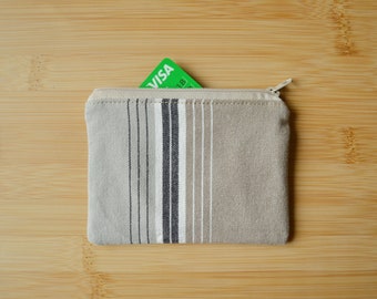 recycled cotton credit card holder, tiny cute beige and gray zipper pouch, eco-friendly zero waste vegan coin purse, sustainable change bag