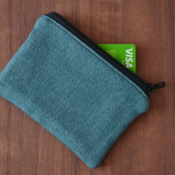 upcycled credit card holder, tiny zipper pouch wallet, eco-friendly zero waste vegan coin purse, small recycled sustainable change bag