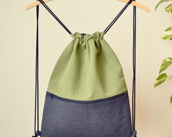 upcycled drawstring backpack gray denim & green cotton, eco-friendly zero waste vegan bag with zipper pocket, small sustainable boho sack