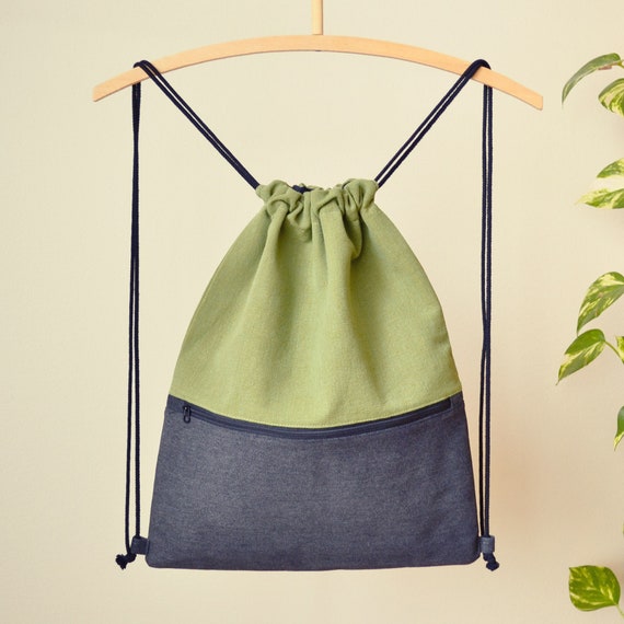 Upcycled Drawstring Backpack Gray Denim Green Cotton Eco friendly Zero Waste Vegan Bag With Zipper Pocket Small Sustainable Boho Sack Etsy