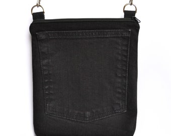 black crossbody purse upcycled denim, eco-friendly zippered minimalist shoulder bag, zero waste vegan, ethical sustainable handmade recycled