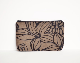 upcycled cotton makeup bag floral, eco-friendly travel toiletry purse, sustainable zero waste vegan zipper pouch, brown gray beige