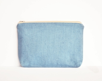 upcycled toiletry bag light blue linen, eco-friendly vegan purse, zero waste makeup bag, travel vanity, sustainable big zipper pouch
