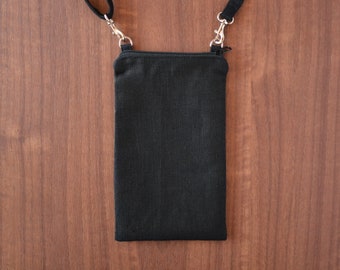 black linen cross body cell phone purse, eco-friendly minimalist zero waste vegan bag, floral second hand cotton lining, sustainable ethical