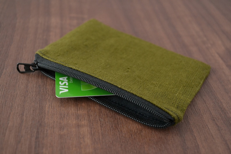 linen credit card holder, tiny zipper pouch, zero waste vegan coin purse, sustainable minimalist change bag, eco friendly simple wallet Green