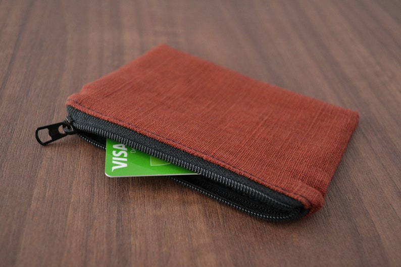 linen credit card holder, tiny zipper pouch, zero waste vegan coin purse, sustainable minimalist change bag, eco friendly simple wallet Orange