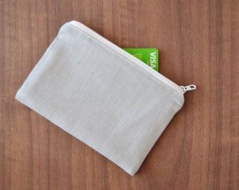 gray small zipper pouch, zero waste vegan coin purse, minimalist credit card holder, upcycled and organic cotton wallet, sustainable ethical