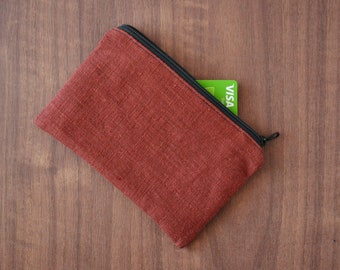 small linen zipper pouch, rust orange vegan wallet, zero waste credit card holder, eco-friendly recycled cotton lining, sustainable handmade