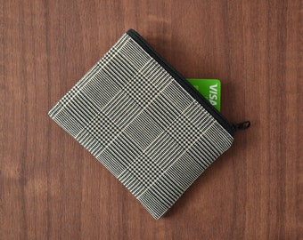 upcycled plaid credit card holder, tiny zipper pouch wallet, eco-friendly zero waste vegan coin purse, small recycled sustainable change bag