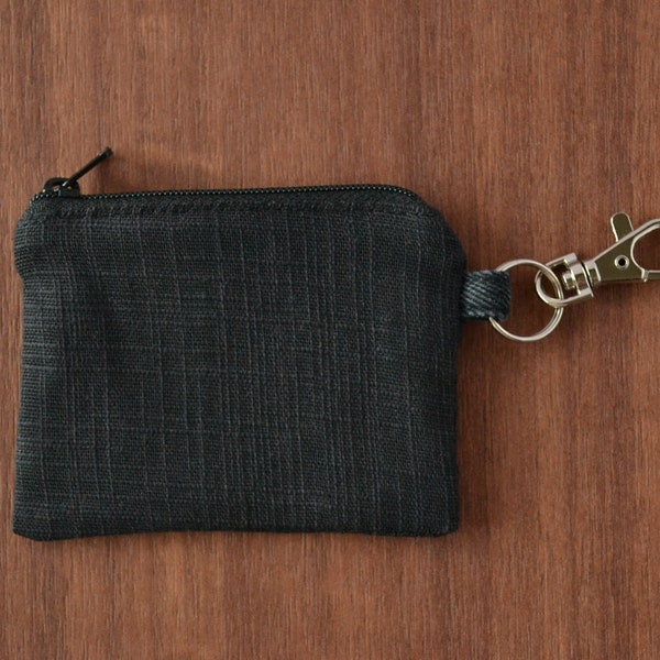 upcycled black cotton key chain pouch, tiny zero waste vegan coin purse, eco-friendly minimalist earphone case, sustainable change bag