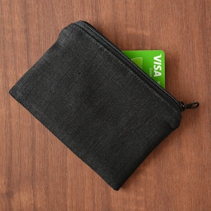 linen credit card holder, tiny zipper pouch, zero waste vegan coin purse, sustainable minimalist change bag, eco friendly simple wallet Black