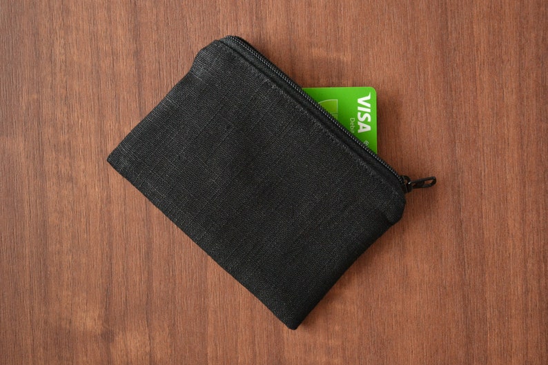 linen credit card holder, tiny zipper pouch, zero waste vegan coin purse, sustainable minimalist change bag, eco friendly simple wallet Black