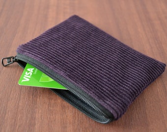 upcycled purple corduroy credit card holder, tiny zipper pouch cash wallet, eco-friendly zero waste vegan coin purse, sustainable change bag