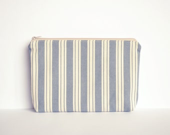 upcycled toiletry bag blue and white striped, eco-friendly vegan purse, zero waste makeup bag, sustainable travel vanity, big zipper pouch