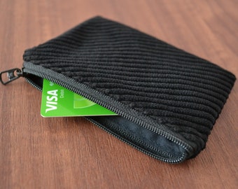 upcycled black corduroy credit card holder, tiny zipper pouch cash wallet, eco-friendly zero waste vegan coin purse, sustainable change bag
