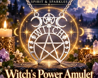 May include: A silver-toned metal pendant necklace featuring a central pentagram, two crescent moons, and the word WITCH engraved in the center. The pendant hangs from a silver chain against a dark, mystical background with glowing light.