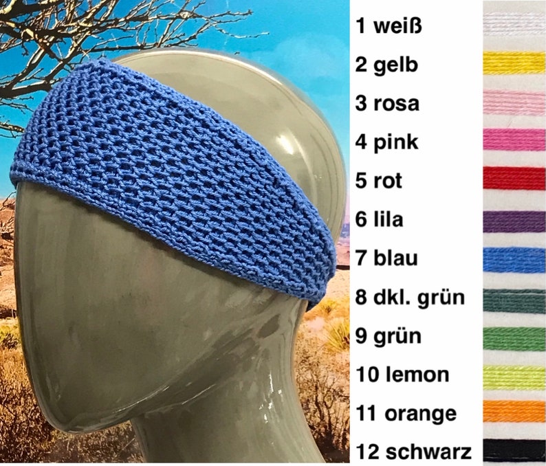 Headband or hair band, air permeable, handmade, knitted like a net, in 12 colors image 1