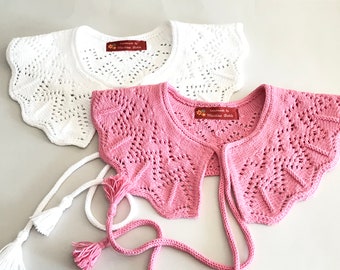 Detachable collar, handmade, knitted, cotton, 1 PIECE white or pink