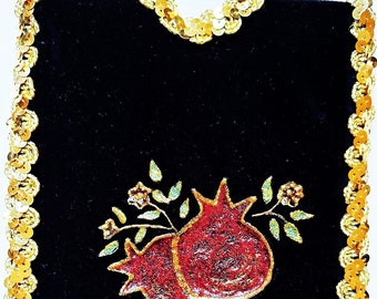 Black velvet bottle cover with pomegranates and flowers , Original design hand made in Israel, Judaica wedding gift, Shabbat