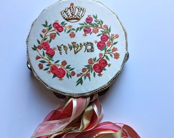 Mashiach Tambourine Hand Painted with crown and pomegranates, Judaica Wedding Gift, Jewish Tambourine or Timbrel