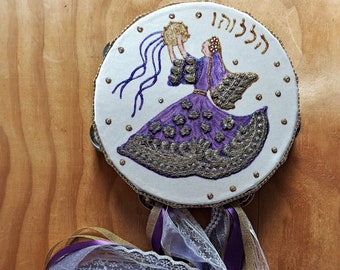 Dancing Girl Tambourine Hand Painted, Dancing maiden, Miriam's tambourine, Judaica Wedding Gift, Jewish Tambourine, Timbrel