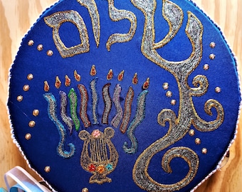 Tambourine Shalom Blue Menorah, Hand painted wedding gift, Original design Judaica, Jewish tambourine or timbrel