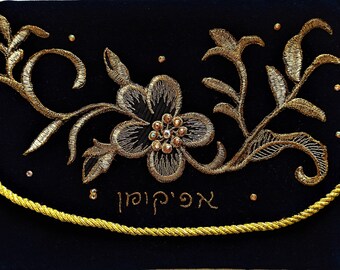 Luxurious black velvet Afikomen bag with gold lace, hand made in Israel, Pesach Passover seder hostess gift