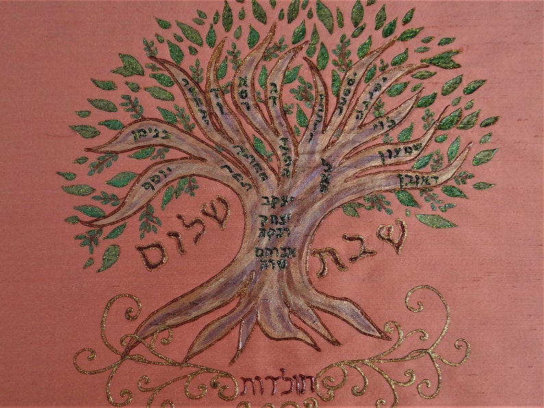 Silk challah cover with Family Tree of patriarchs Abraham Isaac and Jacob, Hand painted in Israel, Original design in raw silk, Wedding gift image 5