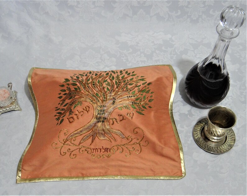 Silk challah cover with Family Tree of patriarchs Abraham Isaac and Jacob, Hand painted in Israel, Original design in raw silk, Wedding gift image 2