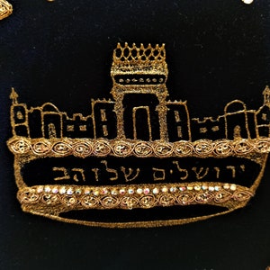 Midnight blue velvet challah cover with hand painted Jerusalem of Gold crown, Judaica gifts, Jewish Shabbat and Yom Tov image 3