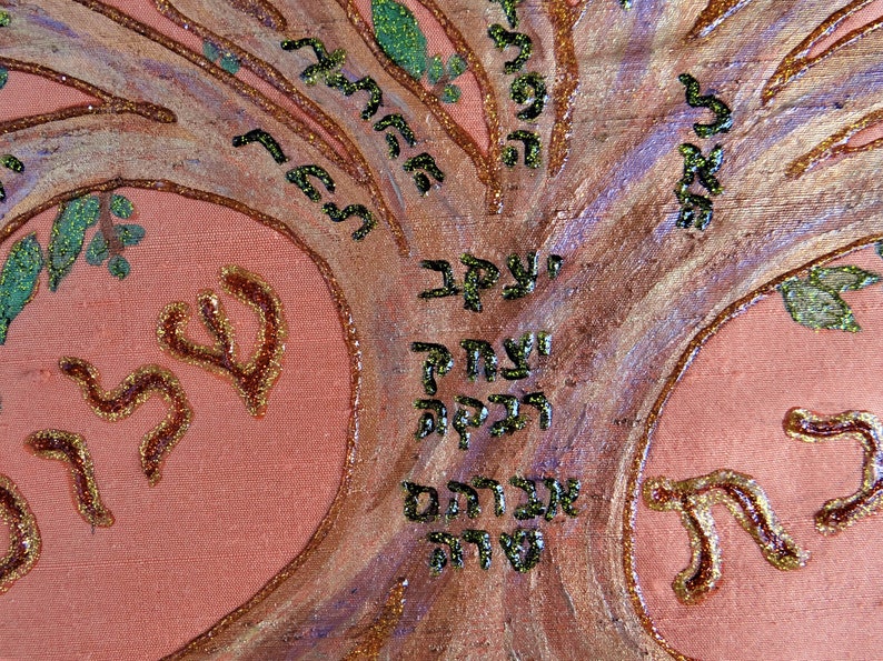 Silk challah cover with Family Tree of patriarchs Abraham Isaac and Jacob, Hand painted in Israel, Original design in raw silk, Wedding gift image 7