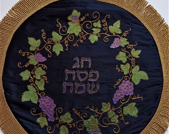 Black silk matzah cover with hand-painted grapes, three pockets, hand painted in Israel, Passover seder meal gift