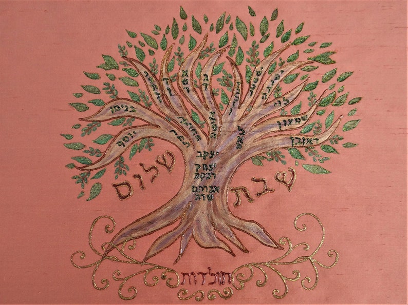 Silk challah cover with Family Tree of patriarchs Abraham Isaac and Jacob, Hand painted in Israel, Original design in raw silk, Wedding gift image 3