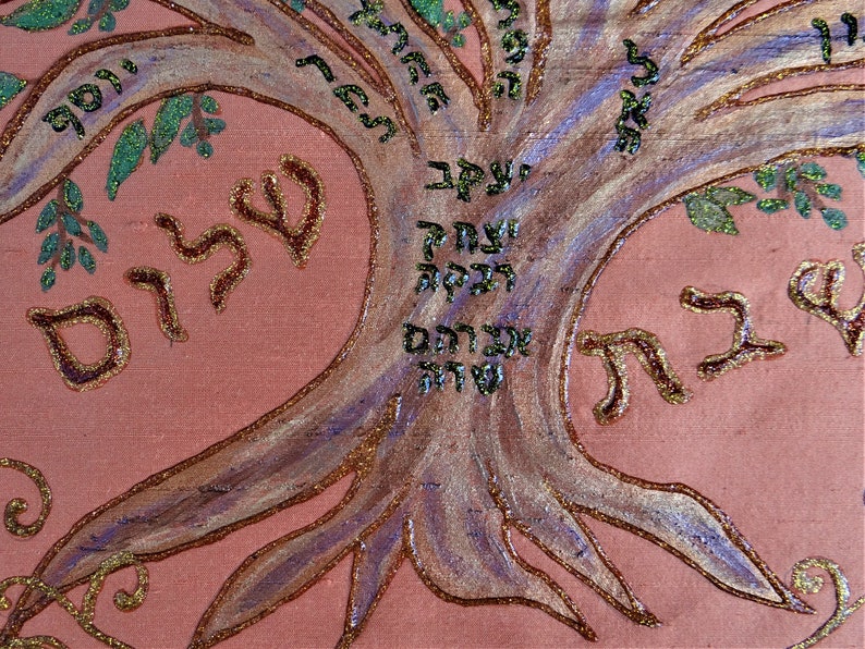 Silk challah cover with Family Tree of patriarchs Abraham Isaac and Jacob, Hand painted in Israel, Original design in raw silk, Wedding gift image 8