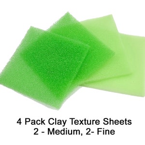 May include: Four green clay texture sheets, two medium and two fine, are displayed against a white background. The sheets vary in shades of green, from a vibrant, bright green to a lighter, softer hue. Text on the image reads: "4 Pack Clay Texture Sheets 2 - Medium, 2 - Fine."