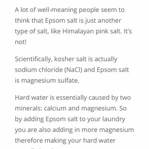 May include: Text explaining the difference between Epsom salt and kosher salt, emphasizing that they are not interchangeable, especially when doing laundry. The text explains that Epsom salt is magnesium sulfate and kosher salt is sodium chloride.