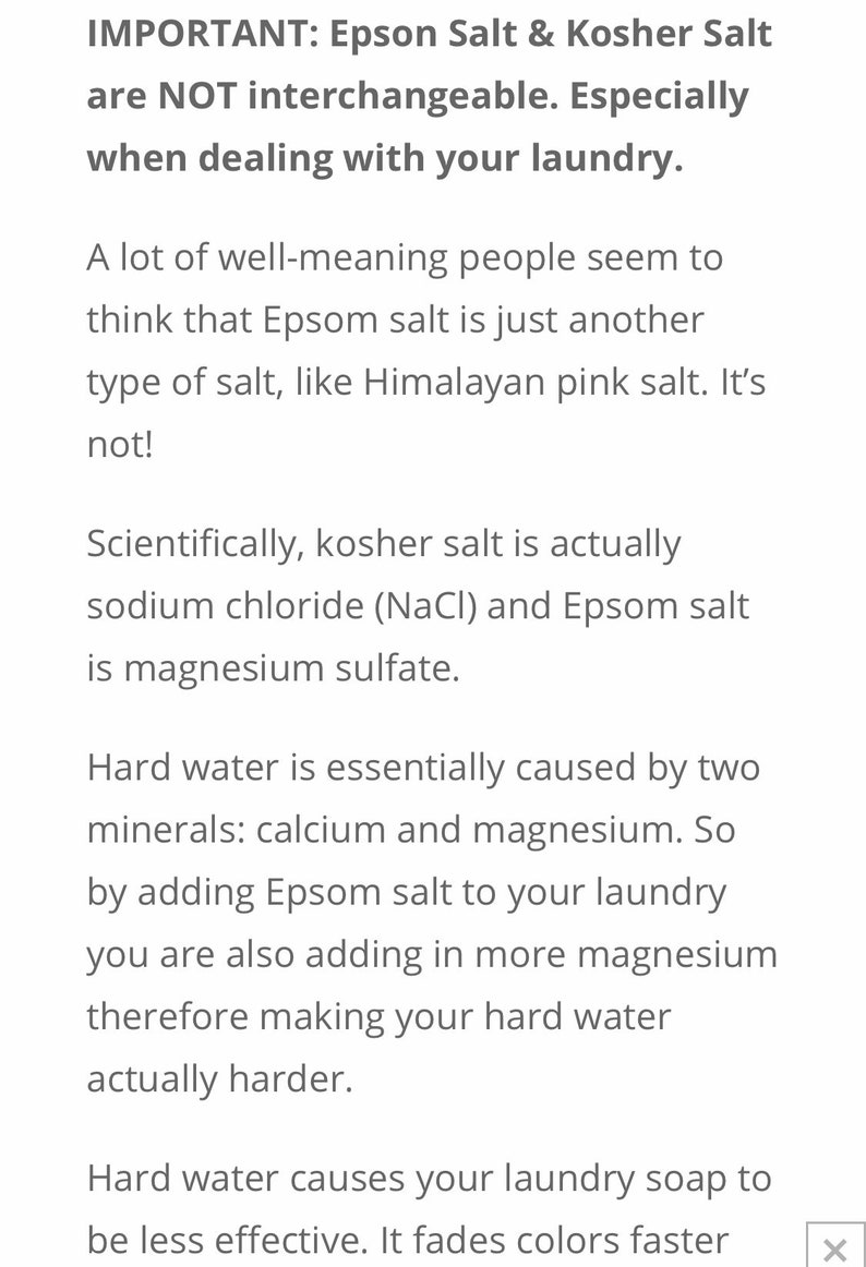 May include: Text explaining the difference between Epsom salt and kosher salt, emphasizing that they are not interchangeable, especially when doing laundry. The text explains that Epsom salt is magnesium sulfate and kosher salt is sodium chloride.