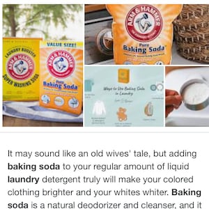 May include: Two boxes of Arm & Hammer Baking Soda, one labeled "Laundry Booster" and the other "Value Size!"  A larger bag of Arm & Hammer Baking Soda is shown in the background. The image includes text that reads "Ways to Use Baking Soda in Laundry".