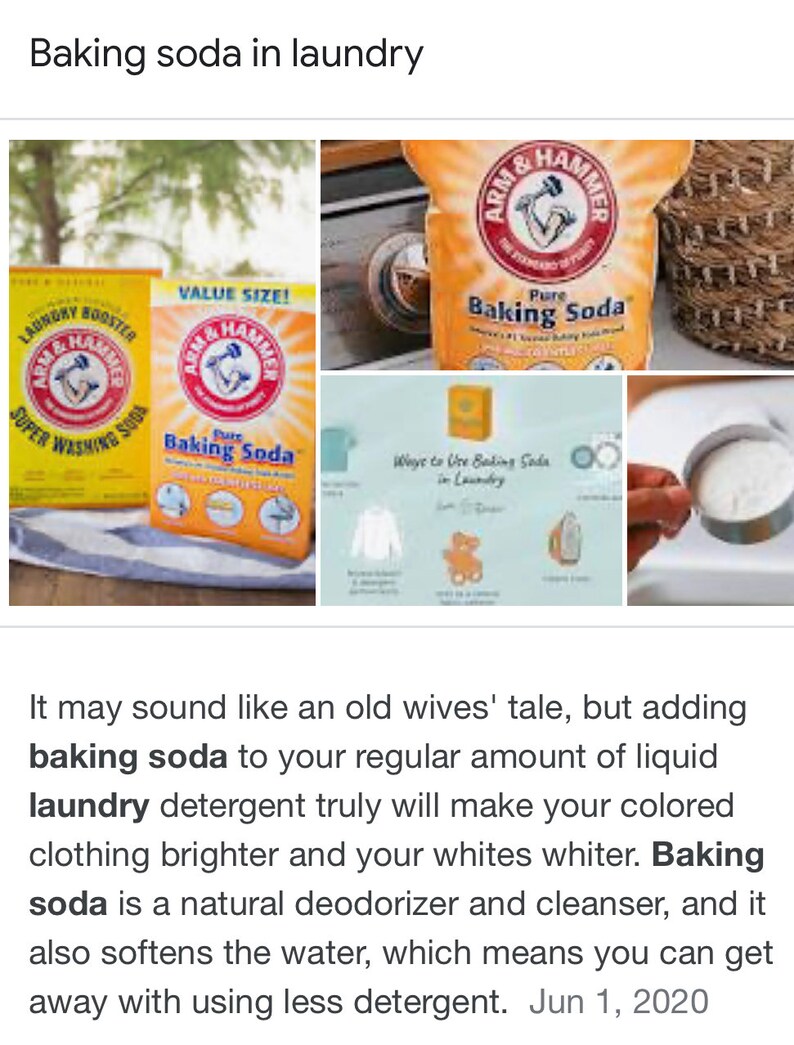 May include: Two boxes of Arm & Hammer Baking Soda, one labeled "Laundry Booster" and the other "Value Size!"  A larger bag of Arm & Hammer Baking Soda is shown in the background. The image includes text that reads "Ways to Use Baking Soda in Laundry".