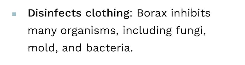 May include: Text explaining that borax disinfects clothing by inhibiting organisms like fungi, mold, and bacteria.