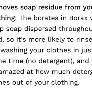 May include: Text explaining how borates in Borax work to remove soap residue from clothing. The text suggests washing clothes in just water to see how much detergent comes out.