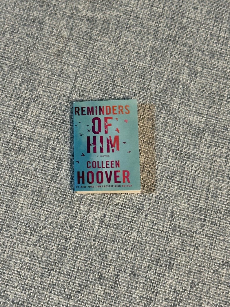 May include: A paperback book titled "Reminders of Him" by Colleen Hoover. The cover is a teal color with red lettering. The title is in large, bold letters, and the author's name is below. Small bird illustrations are scattered across the top.