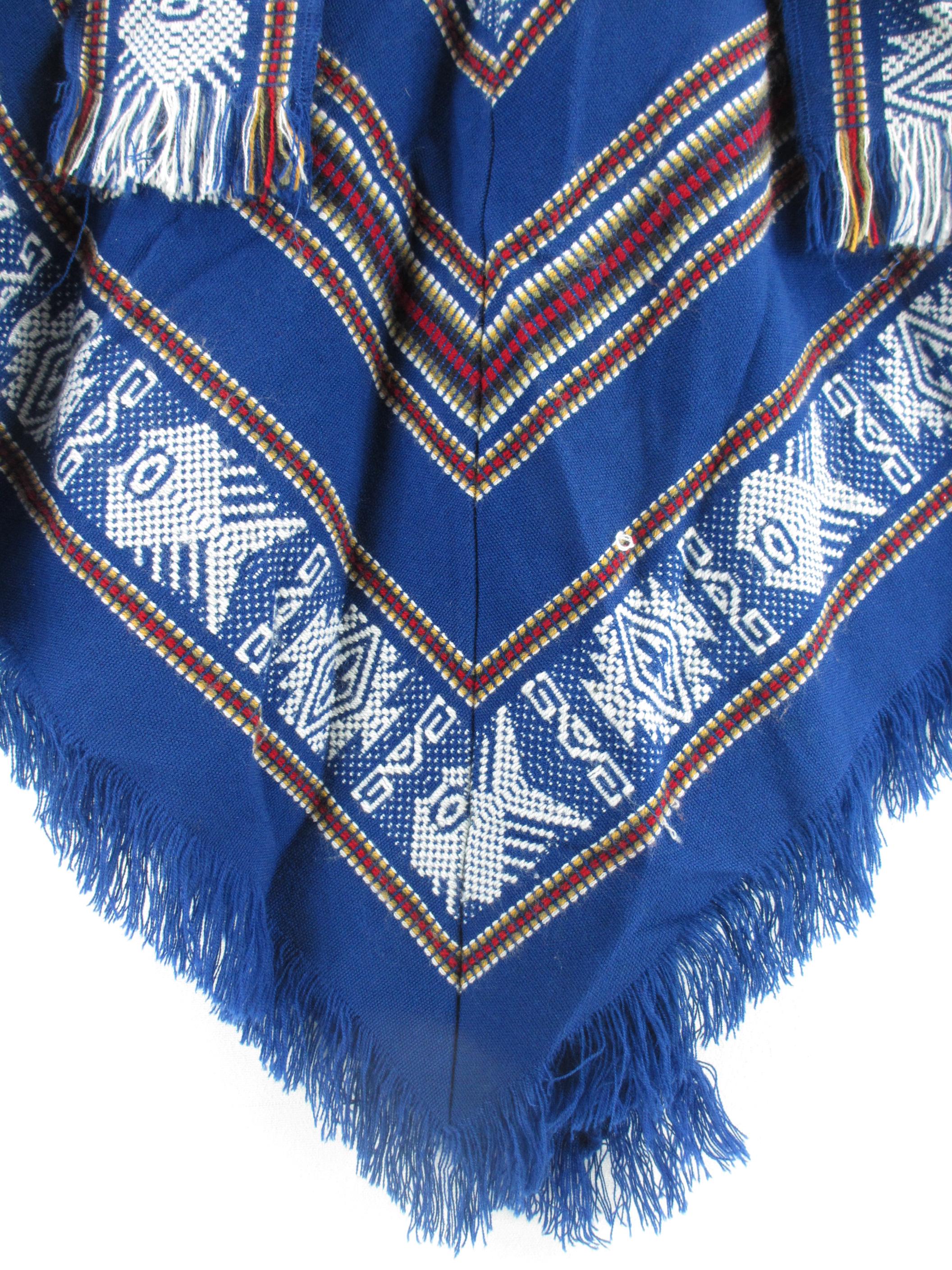 Tejidos Diaz Ecuador Poncho Blue Boho Fringe Hooded Cape Cloak Wool ...