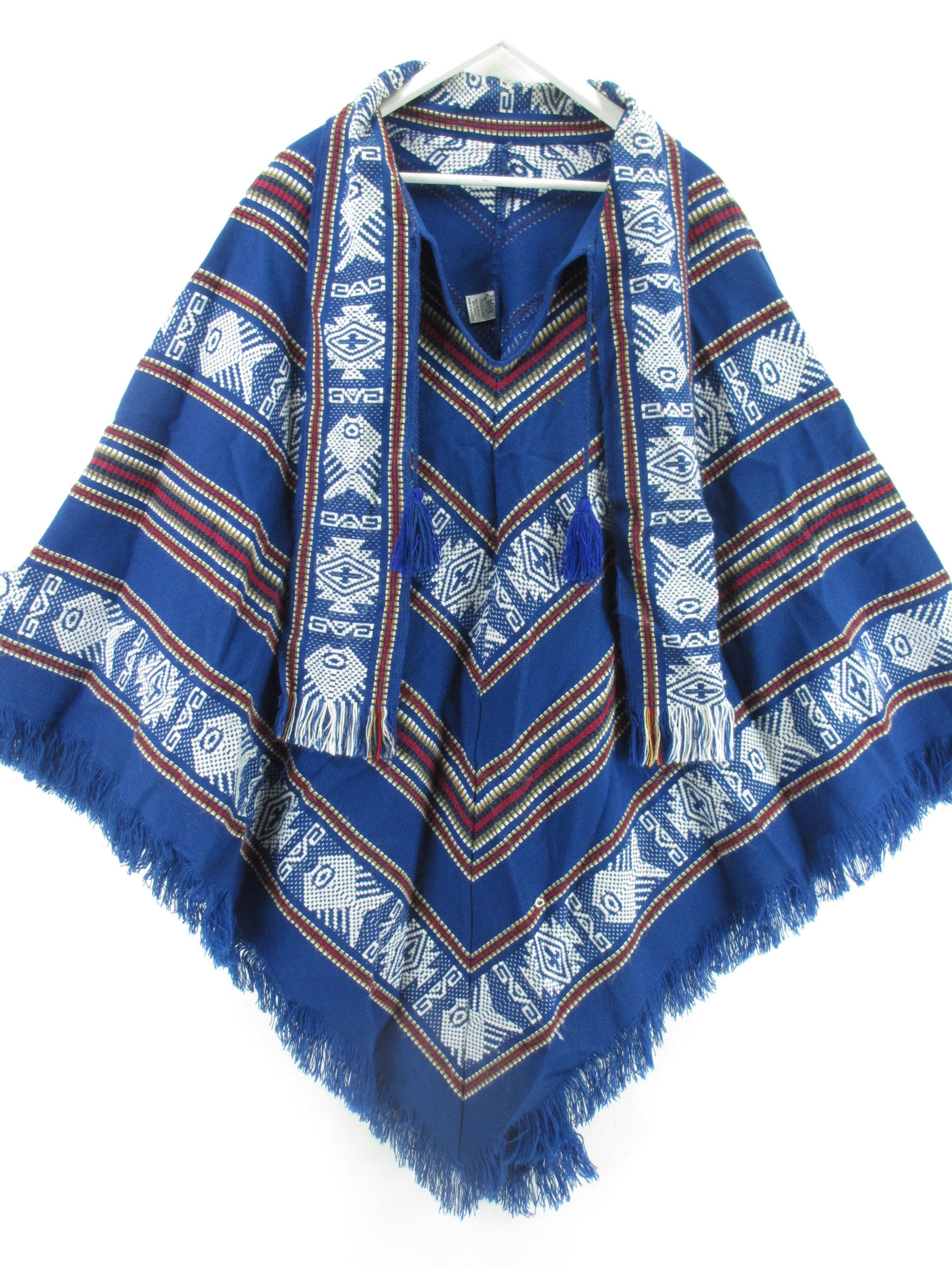 Tejidos Diaz Ecuador Poncho Blue Boho Fringe Hooded Cape Cloak Wool ...